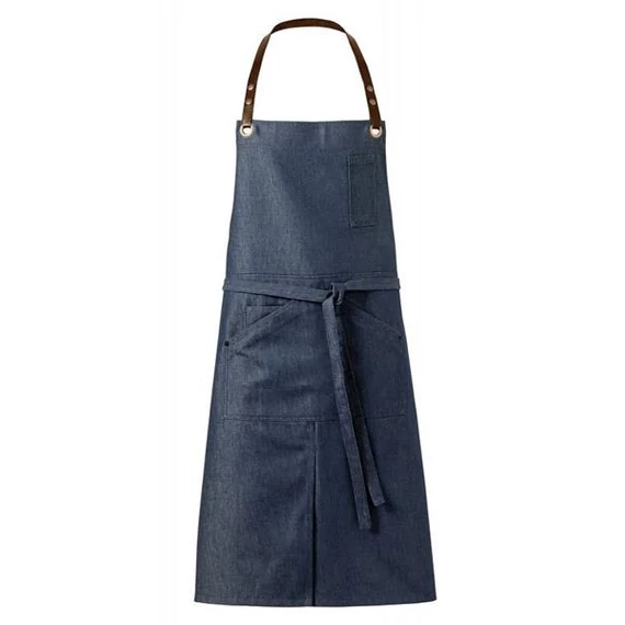 Benjy blue denim apron with leather neck strap
